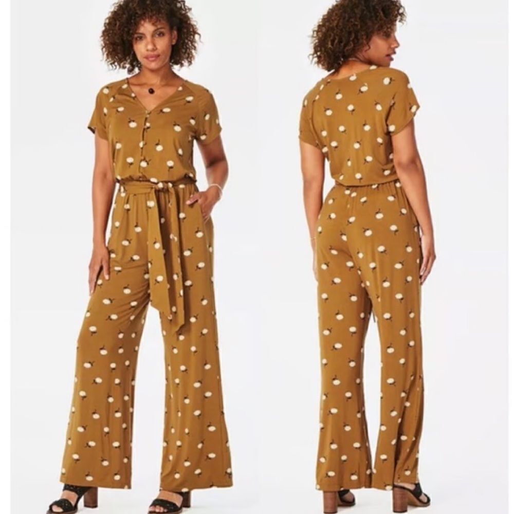 Matilda Jane Up in Front Wide Leg Mustard Floral Jersey Romper